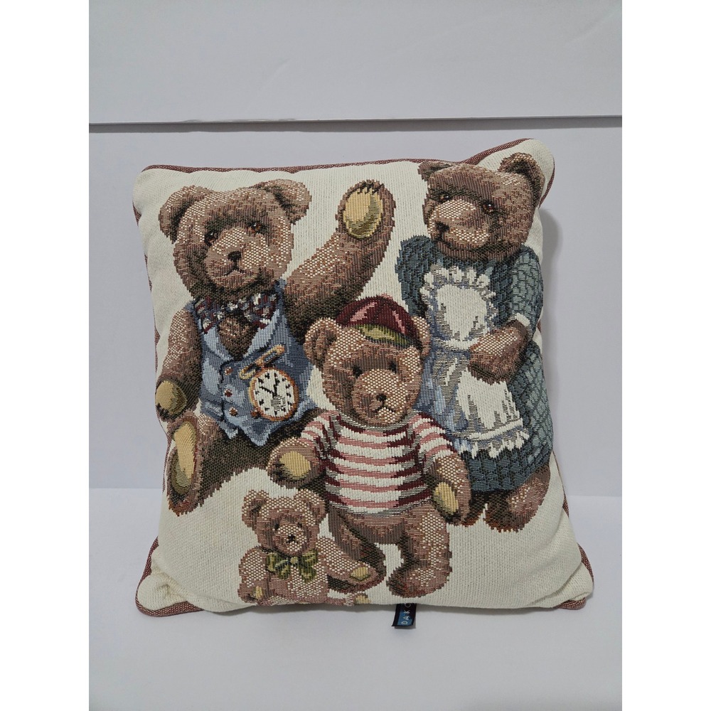 Dakota Woven Tapestry Teddy Bear Family Throw Pillow Vintage Style Brown Square